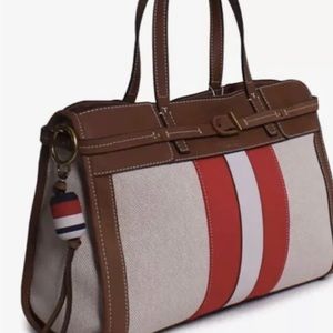 Tory Burch Maritime Nautical Handbag Crossbody Canvas Leather Red Tan Stripe